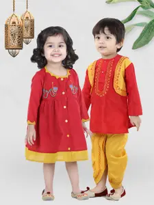 BownBee Boys Red Ethnic Motifs Kurta with Dhoti Pants & Attached Jacket