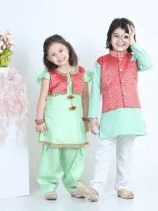 BownBee Girls Green Ethnic Motifs Embroidered Regular Jacket Kurta with Salwar
