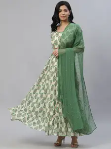 Laado - Pamper Yourself Cream-Coloured & Green Floral Ethnic Maxi Dress with Dupatta