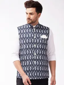 VASTRAMAY Men Navy Blue & White Printed Pure Cotton Woven Nehru Jacket