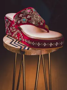 NR By Nidhi Rathi Pink Embellished Velvet Ethnic Wedge Sandals