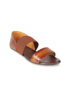 Mochi Women Tan Woven Design Open Toe Flats