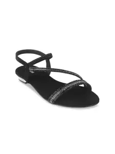 Mochi Women Black Embellished Open Toe Flats