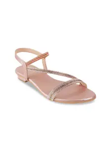 Mochi Women Rose Gold Embellished Open Toe Flats