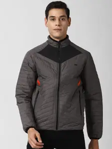 Peter England Casuals Men Grey Black Quilted Jacket with Patchwork
