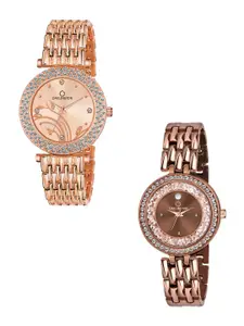 CARLINGTON Women Rose-Gold & Brown Set Of 2 Embellished Bracelet Style Analogue Watches