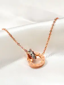 Yellow Chimes Yellow Chimes Rose Gold-Plated White CZ-Studded Stainless Steel Circle Pendant With Chain
