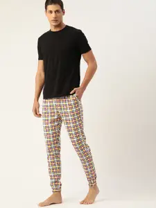 ETC Men Grey & Yellow Pure Cotton Checked Lounge Joggers