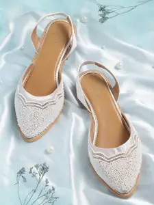 House of Pataudi Women White Beaded Handcrafted Pointed Toe Flats