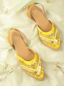House of Pataudi Women Mustard Yellow Embellished Handcrafted Pointed Toe Flats