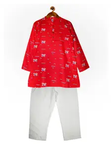 KiddoPanti Boys Red Printed Regular Kurta with Pyjamas