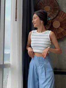 SASSAFRAS Blue & White Striped Rib Crop Top