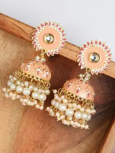 OOMPH Peach-Coloured & Gold-Toned Kundan Studded Meenakari Enamelled Jhumkas Earrings