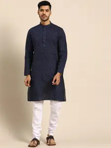 Anouk Men Navy Blue Woven Design Regular Pure Cotton Kurta with Churidar