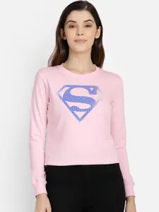 Free Authority Women Pink & Blue Superman Printed Sweatshirt