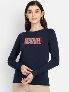 Free Authority Women Navy Blue Marvel Printed Sweatshirt