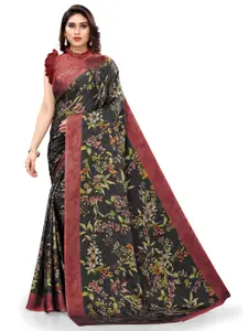 KALINI Black & Maroon Floral Printed Chiffon Bagh Saree