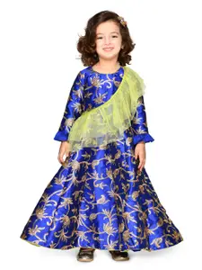 SAKA DESIGNS Girls Blue & Gold Floral Embroidered Jacquard Fit & Flare Dress With Dupatta