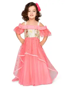 SAKA DESIGNS Girls Peach Embellished Layered A-Line Dress