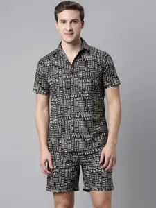 Joven Men Navy Blue & Beige Printed Pure Cotton Shirt With Shorts