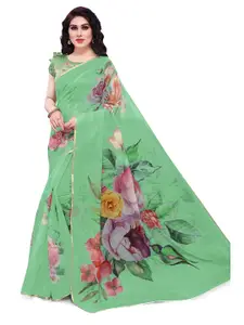 MIRCHI FASHION Green & Multicoloured Floral Printed Zari Organza Bagh Designer Saree