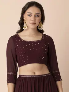 INDYA X Shraddha Kapoor Maroon Embellished Polka Foil Crop Top