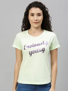 Enviously Young Women Lime Green Typography Printed Applique Slim Fit T-shirt