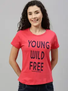 Enviously Young Women Fuchsia & Navy Blue Typography Printed Slim Fit T-shirt