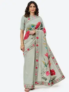 Biba by Rohit Bal Green & Red Floral Silk Blend Chanderi Saree