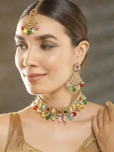 Rubans Gold Plated Handcrafted Multicolored Stone Studded Beads Necklace Set