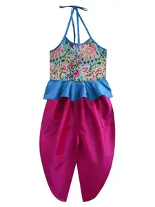 A.T.U.N. A T U N Girls Pink & Blue Self Design Top with Dhoti Pants