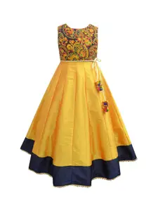 A.T.U.N. Girls Mustard Yellow & Navy Blue Ethnic Motifs Embroidered Ethnic Maxi Dress