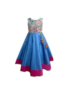 A.T.U.N. A T U N Girls Turquoise Blue & Fuchsia Floral Embroidered Ethnic Maxi Fit & Flare Dress