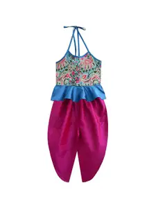 A.T.U.N. Girls Turquoise Blue & Fuchsia Halter Top With Dhoti
