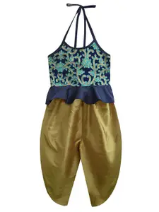 A.T.U.N. A T U N Girls Gold-Toned & Navy Blue Embellished Top with Dhoti Pants