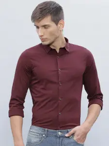 ether Men Burgundy Slim Fit Antimicrobial Solid Cotton Lycra Sustainable Casual Shirt