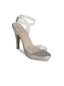 SHUZ TOUCH Silver-Toned Stiletto Sandals with Buckles