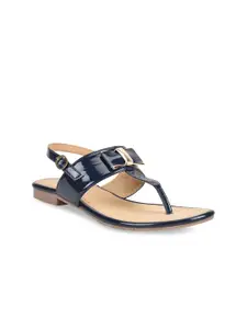 SALARIO Women Navy Blue T-Strap Flats with Buckles