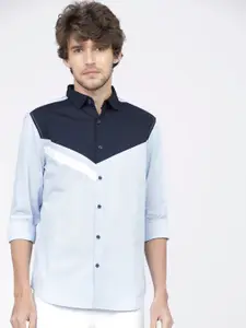 HIGHLANDER Men Navy Blue & Blue Slim Fit Opaque Colourblocked Cotton Casual Shirt