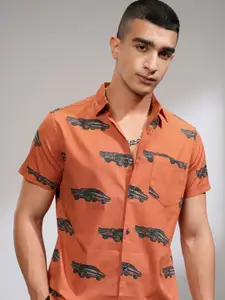 HIGHLANDER Men Rust Slim Fit Opaque Printed Casual Shirt
