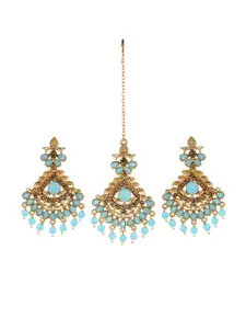 ANIKAS CREATION Turquoise Blue & Gold Plated Floral Kundan Pearl Maangtika & Earring Set