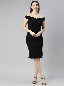 Selvia Black Solid Off-Shoulder Bodycon Dress