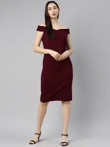 Selvia Maroon Solid Knitted Lycra Off-Shoulder Bodycon Dress