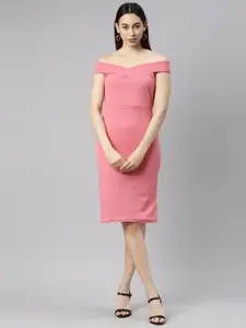 Selvia Pink Solid Knitted Lycra Off-Shoulder Bodycon Dress