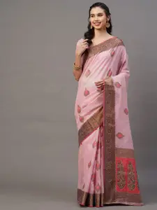 Mitera Pink Ethnic Motifs Banarasi Saree