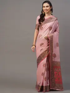 Mitera Pink & Tan Ethnic Motifs Silk Blend Banarasi Saree
