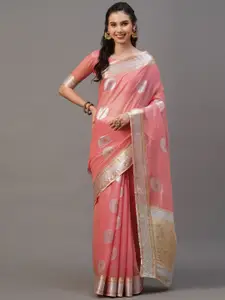 Mitera Pink & Silver Ethnic Motifs Silk Blend Banarasi Saree