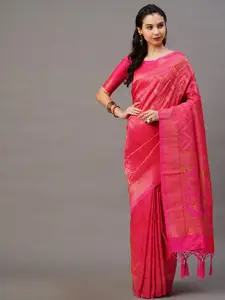 Mitera Pink & Gold Ethnic Motifs Silk Blend Banarasi Saree
