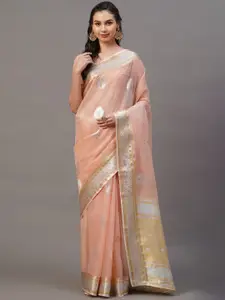 Mitera Peach-Coloured & Silver Ethnic Motifs Silk Blend Banarasi Saree