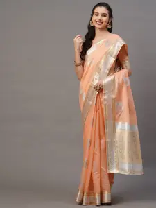 Mitera Peach-Coloured & Silver Ethnic Motifs Silk Blend Banarasi Saree